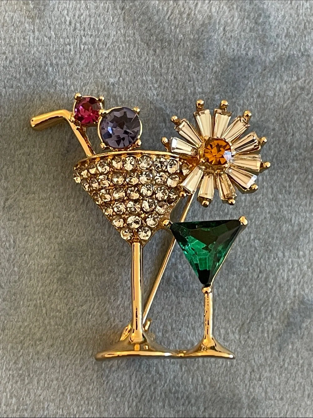 Gold-Tone Cocktail Glasses & Flower Crystal Brooch - Multicolor